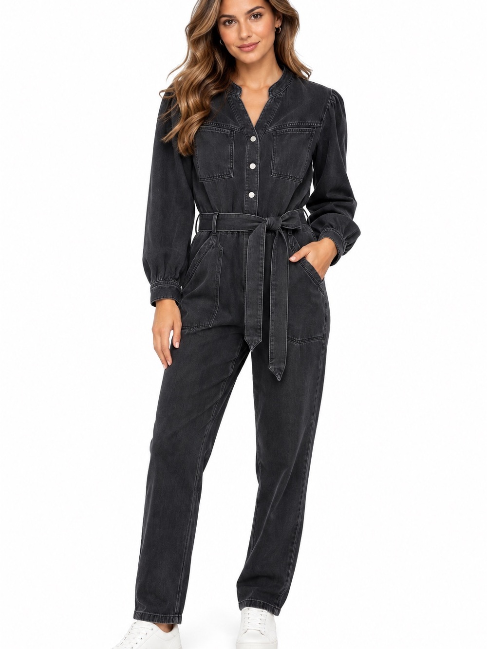 Washed Black Utility Denim Jumpsuit with Tie Waist